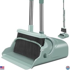 Large Broom and Dustpan Set with Long Handle for Indoor Outdoor Use - Green