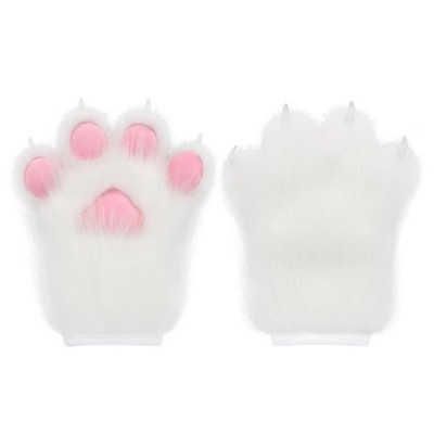 HAOAN Furry Faux Fur Fox Cat Paws Gloves Animal Fursuit One Size, White 