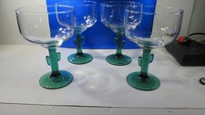 LIBBY Green Cactus Stemmed Margarita Glasses Clear & Green Glass 6.5" tall SET 4