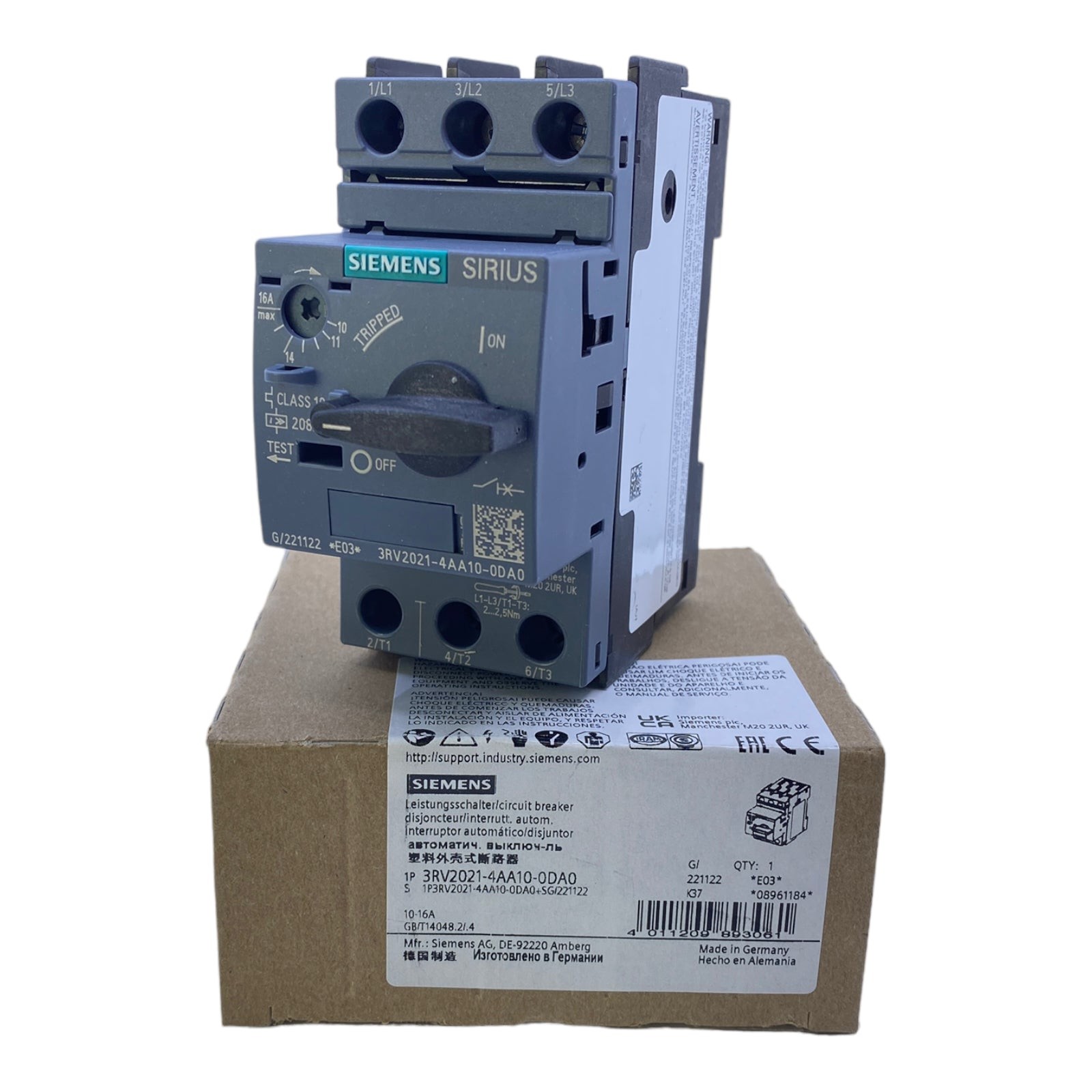 Siemens 3RV2021-4AA10-0DA0 Circuit Breaker 10-16A 3-Pole 690V AC