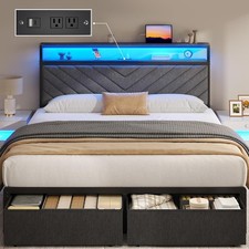 Queen Bed Frame with 2 Drawers, Upholstered Headboard with Storage and Charging