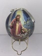 Vintage Decoupage Christmas Ball Ornament Nativity Holy Family Manger 2 Sided 3  