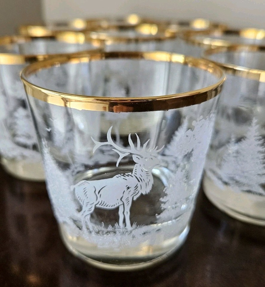8 Rare Wildlife Elk Low Ball Rocks Glasses Gold Rimmed Vintage 3" Libbey Barware