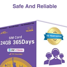 TalkSIM USA SIM Card – 24GB / 365-Day 4G LTE Network Support for AT&T and T-Mobi