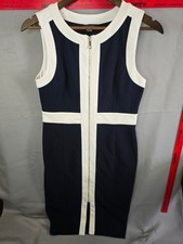 Tommy Hilfiger Navy and White Sleeveless Midi Sheath Dress with Front Zip