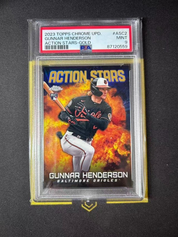 2023 Topps Chrome Update RC Action Stars Gold Ref. 39/50 Gunnar Henderson PSA9