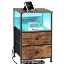 Bedside Table with Charging Station LED Lights Drawers Brown