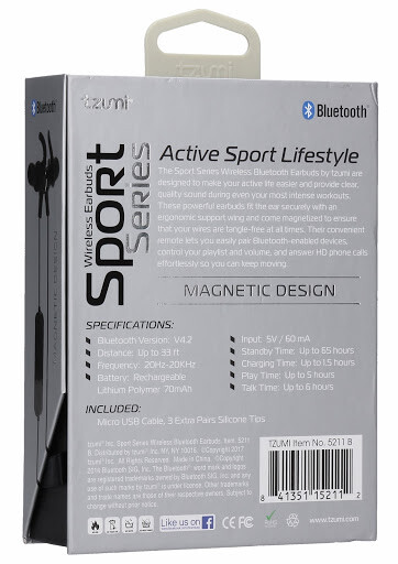 Tzumi Sport Series Wireless Earbuds Rechargeable Magnetic