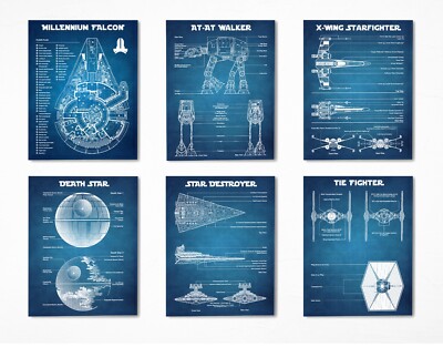 6 Star Wars Wall Art Blueprints Prints (8x10) Room Decor Drawing Poster Man Cave
