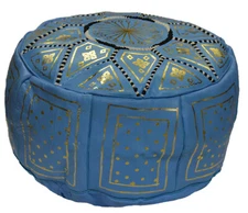 Pouf Moroccan Hassock Pooff Leather Ottoman Footstool Medium Light Blue
