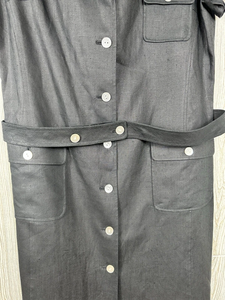 Vintage Rickie Freeman Teri Jon Black 100% Linen S/S Belted Shirt Dress Size 14 - Image 3 of 4