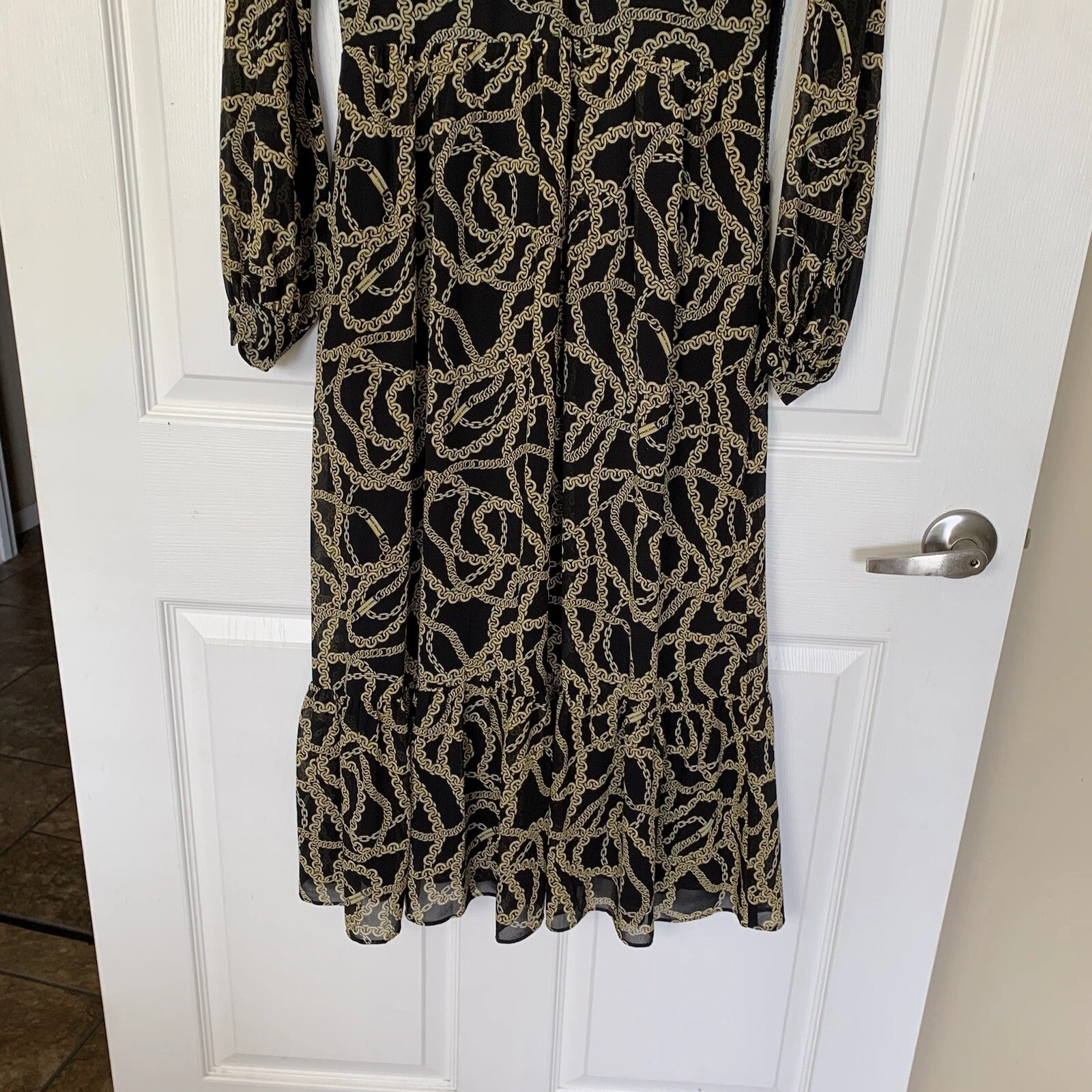 Abito Michael Kors XS nero oro stampa catena slinky chiffon maniche lunghe