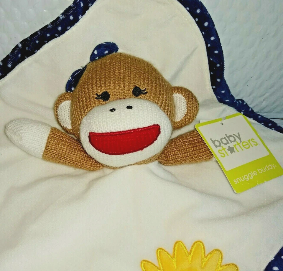 Baby Starters Girl Knit SOCK MONKEY Rattle Security Blanket White Plush NEW - Image 2 of 4