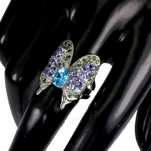 Anello In Argento Sterling 925 Ovale Con Topazio Blu 7x5mm Gemma Di Tanzanite - Foto 3 di 9