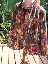 Vintage Rqt Corduroy Jacket Womens 3x Pink Brown Abstract Print Zip Front Ruffle