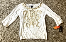 INC International Concepts Linen Top Womens Small White Gold Embroider Rio Sheer