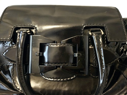 Large GUCCI Black Dialux Queen buckle bow black Tote Bag shoulder bag purse - Picture 8 of 14