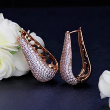 Pave Settings Cubic Zirconia Gorgeous Rose Gold Plated Long Big Hoop Earrings