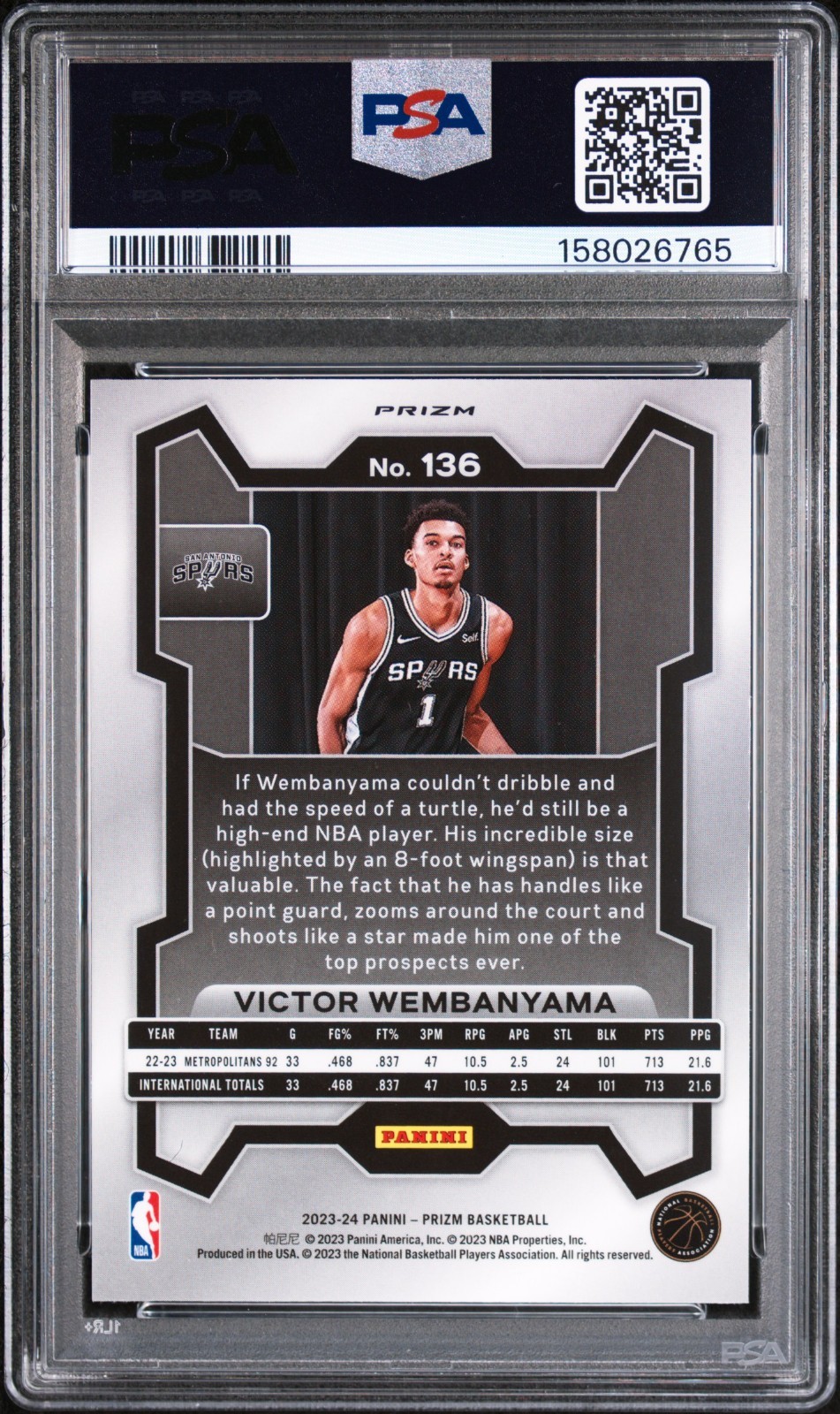 VICTOR WEMBANYAMA 2023 PRIZM RED/WHT/BLU RWB RC #136 PSA 10 GEM MINT! #158026765 view 2