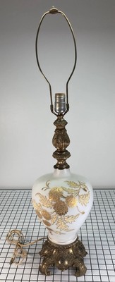 Vtg Cornell Gold Gilt Applique White Glass Table Lamp MCM Hollywood Regency