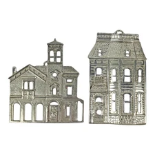 Vintage Kirk Stieff Pewter Christmas Ornament Victorian Gothic Houses Lot of 2
