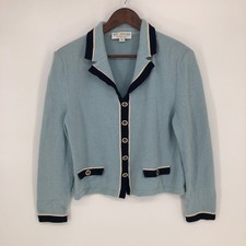 St John Marie Gray Womens Blue Santana Knit Button Cardigan Sweater Jacket 12