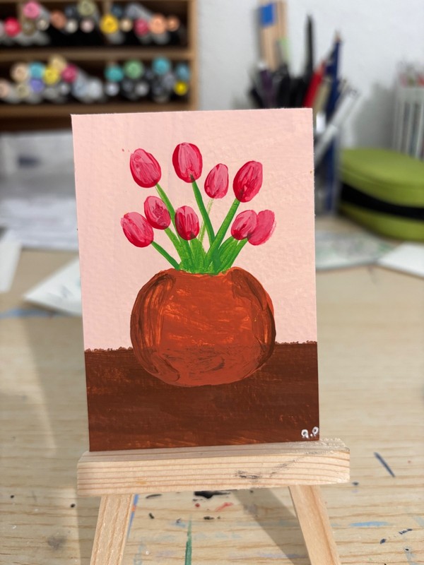 ACEO Original, Flower Pot of Tulips, Acrylic Painting, 2.5 x 3.5 in