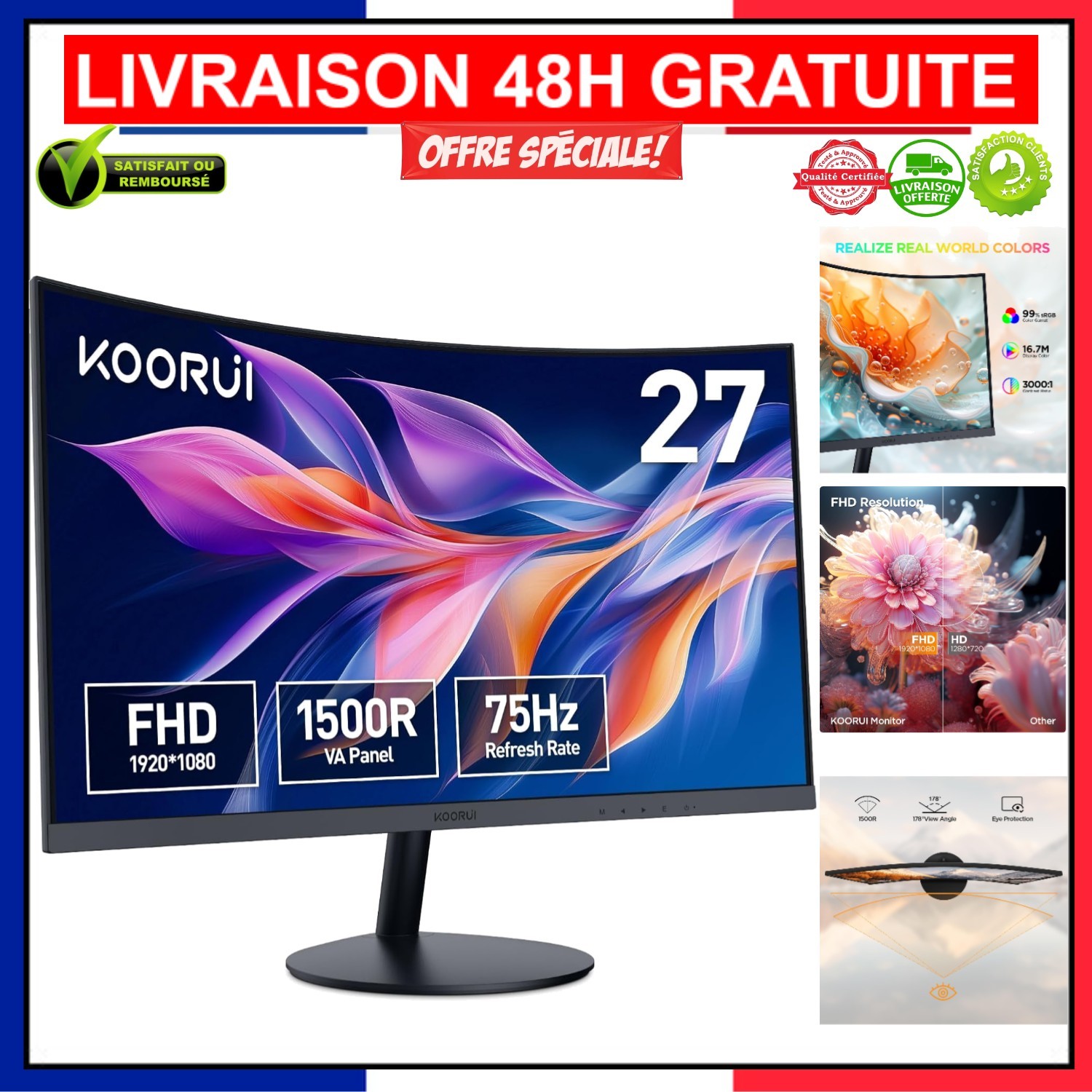 Écran PC incurvé KOORUI 27 pouces pour réduire la fatigue visuelle sur écran