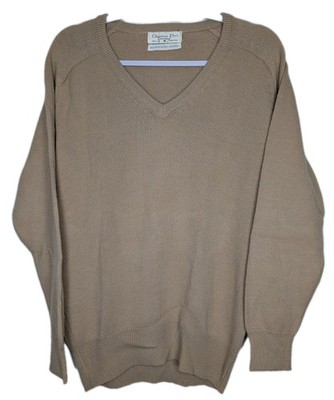 Vintage Christian Dior Orlon Acrylic Tan Beige V Neck Pullover Knit Sweater M