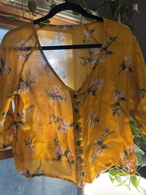 Jolt Floral Button Front Ruffle Sleeve Blouse Yellow Cropped  Size S