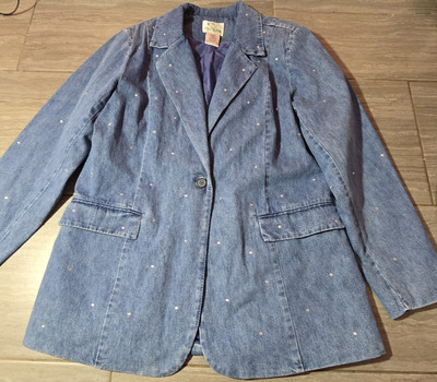 Women's Vintage The Quacker Factory Denim Rhinestone Bling Jacket Blazer  Large