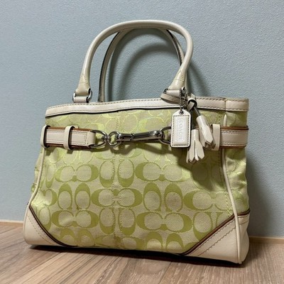 Y2K Vintage COACH Signature Canvas Leder Handtasche hellgrün elfenbein Hamptons