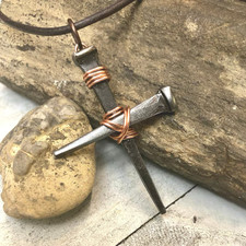 Rustic Steel Nail Silver Cross Pendant   Handmade Christian Necklace for Men