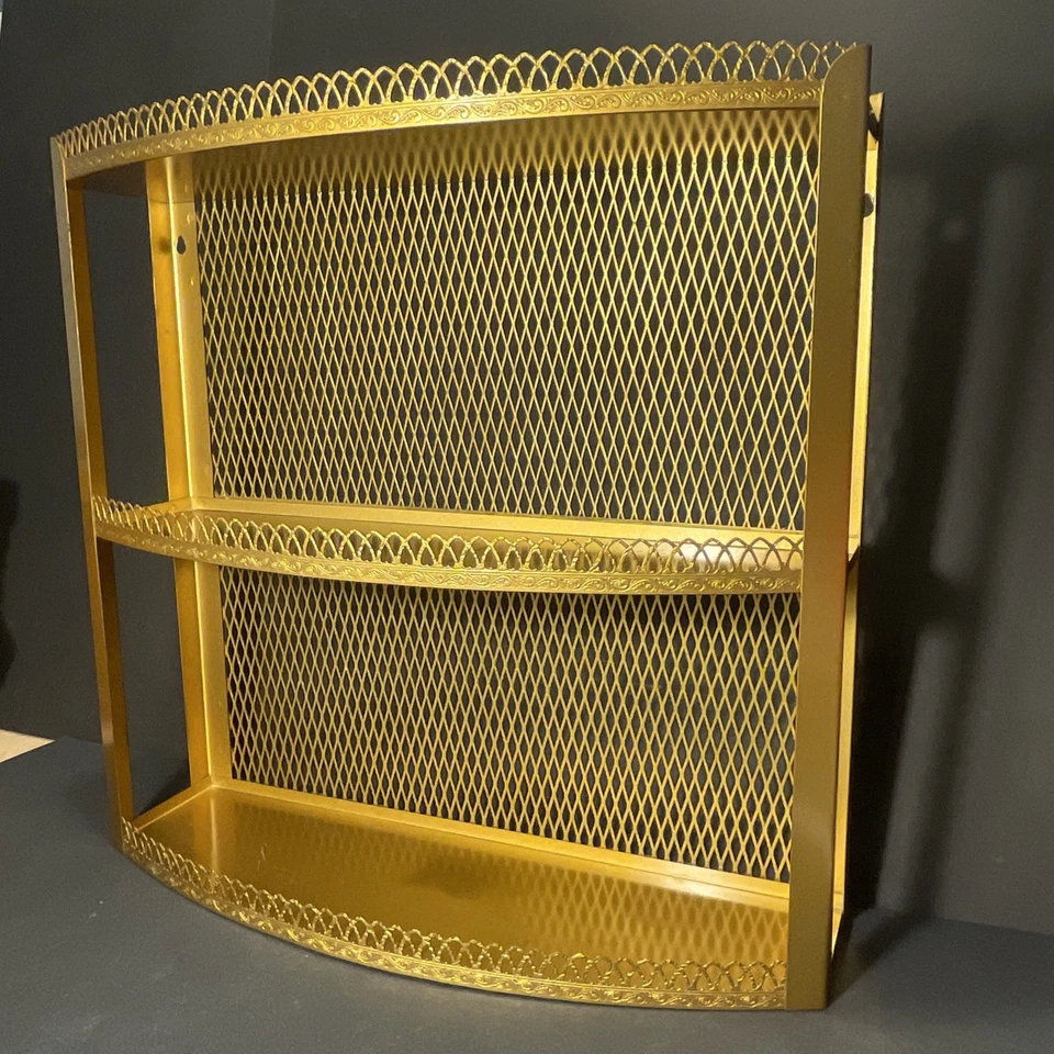 Estante de pared de baño vintage de metal dorado de 3 niveles MCM Hollywood Regency Foto 2 de 4