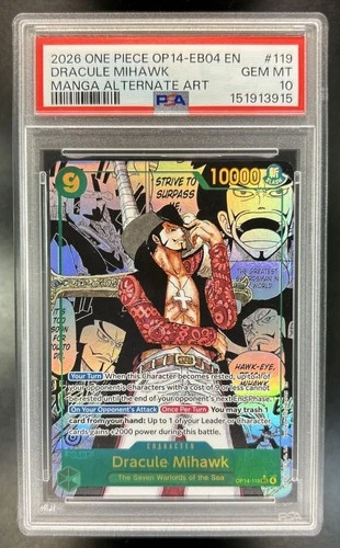 2026 One Piece Dracule Mihawk Secret Rare Manga Alt Art #OP14-119 PSA 10