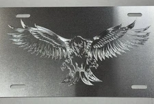 Engraved US American 3D Fierce Eagle Diamond Etched Silver Car Tag License Plate