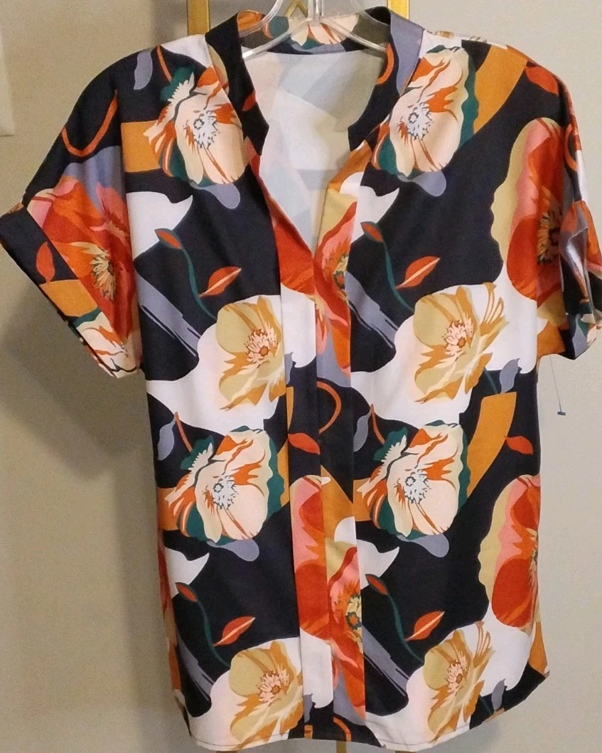 Men's Multicolor Floral Button-Up Shirt Short Sleeve Collared Size L