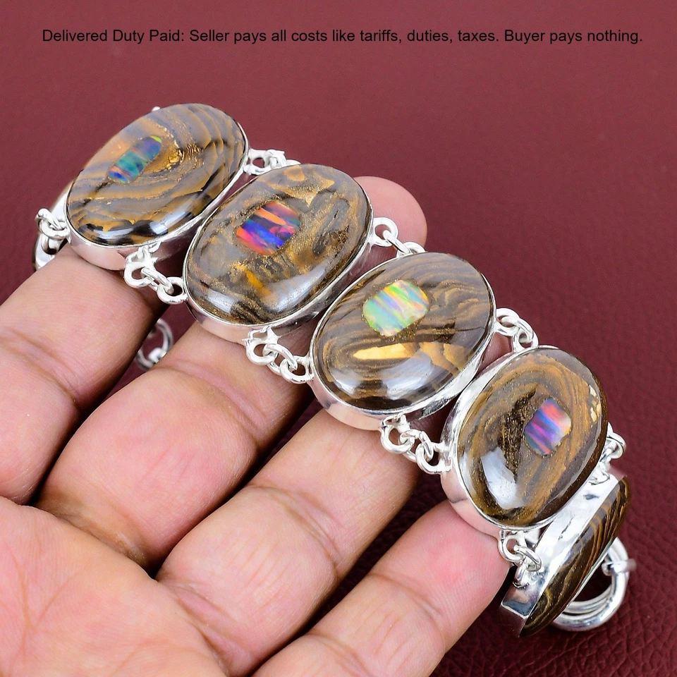 Nuevo brazalete de cadena de plata de ley 925 con bisel de piedra de ópalo etópico en roca Foto 4 de 4
