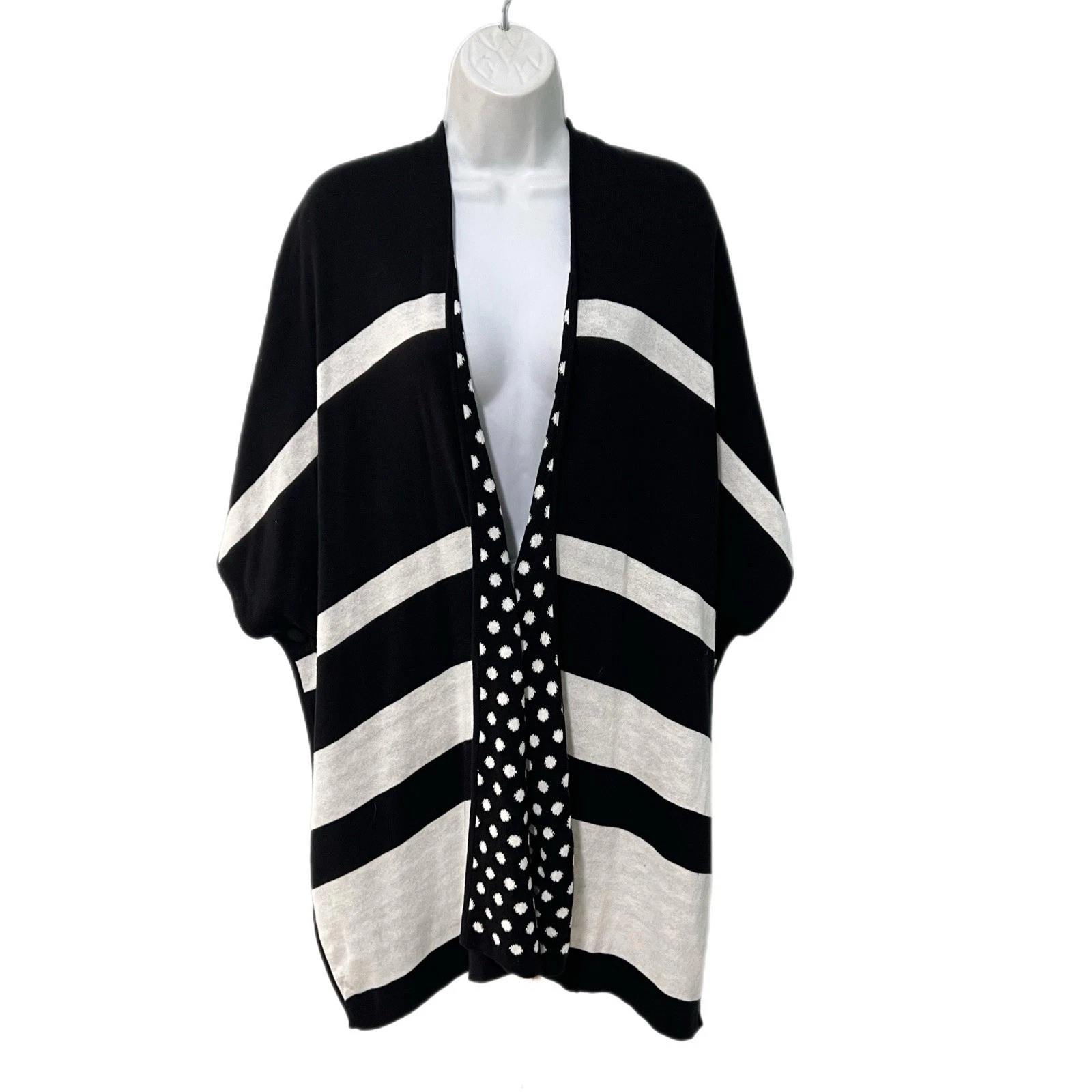 Chicos Poncho Sweater S/M Reversible Ruana Cape Knit Black White Polka Dot Strip