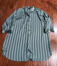 Halston Green Stripes V Neck Lapel Collar Shirt Long Sleeve Dress 1X Shiny Silky