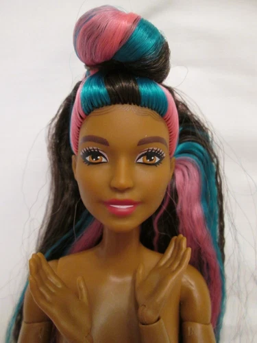 Barbie Totally Hair 2022 Hybrid Nude Doll Made to Move Body Black Pink Teal Knot
