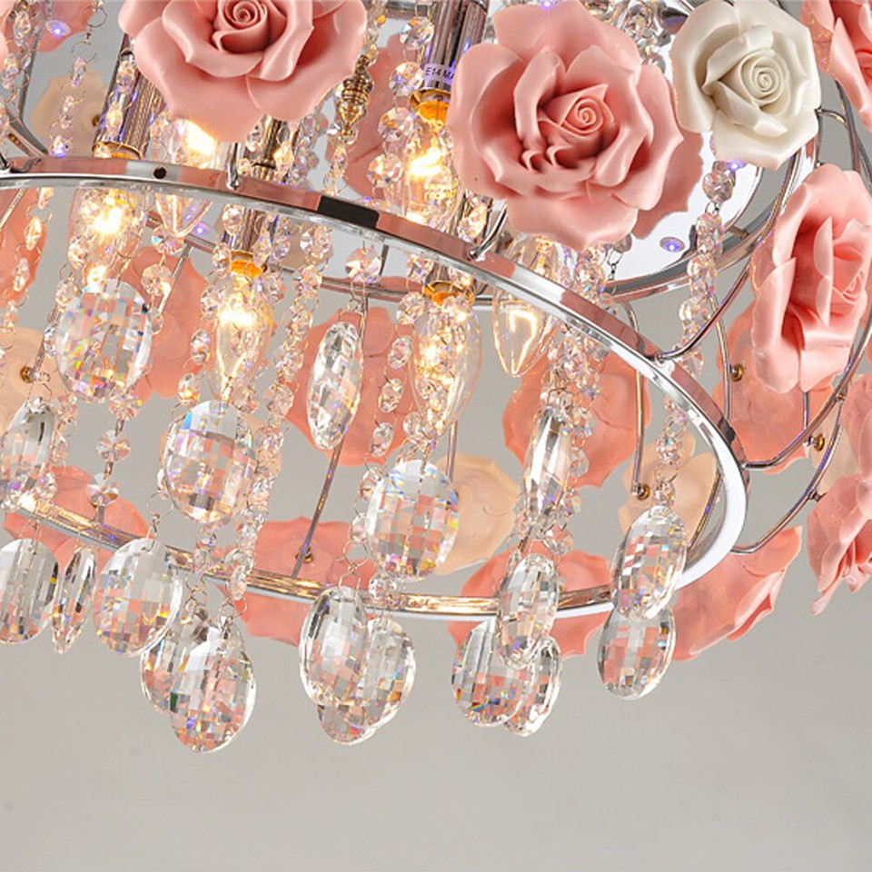 Elegant Ceramic Pink Rose Chandelier Crystal Ceiling Light Fixture Home