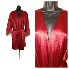 Vtg Valentino V Intimo Red Belted Satin Robe Cover Up Lace Nightgown Pockets Med