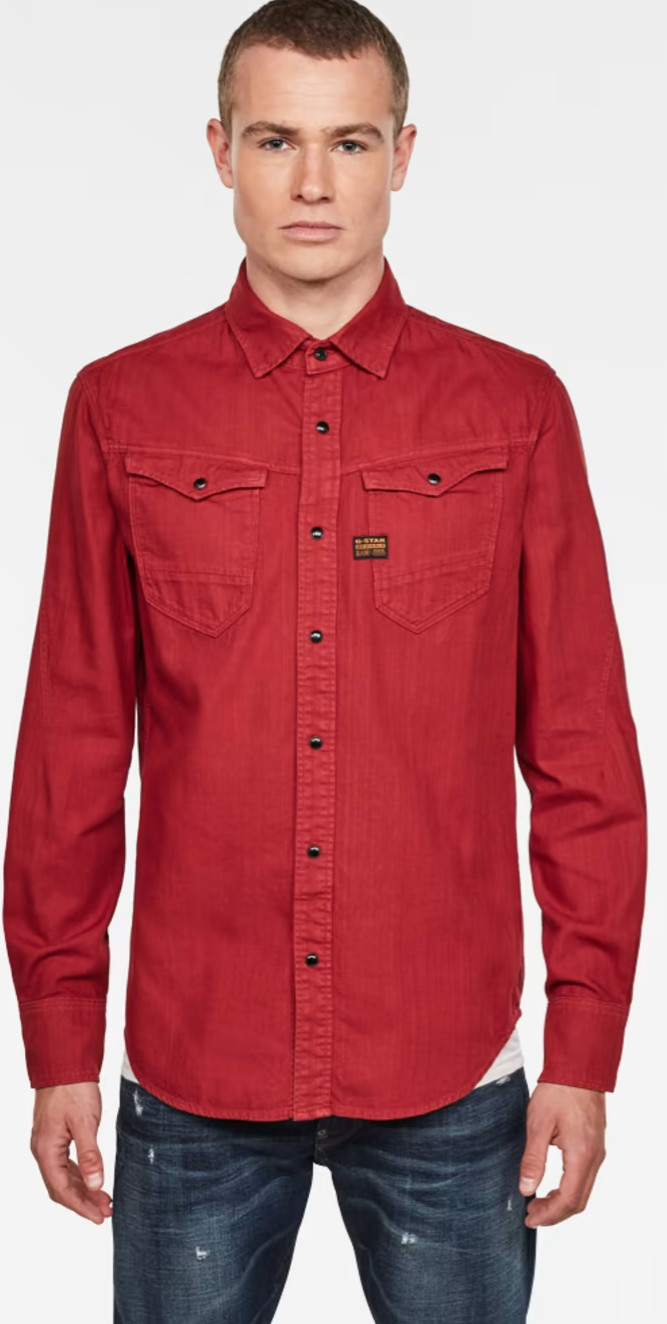 G-Star Raw Arc Slim Shirt Men 2XL Red Denim Slim Fit Pearl Snap