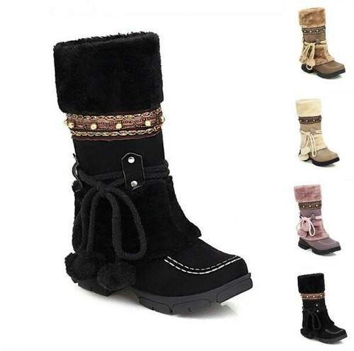 Mujeres Botas Peludas Mitad de Pantorrilla Moda Creeprs Talón Invierno  Cálido Botas De Nieve 34/43 B | eBay