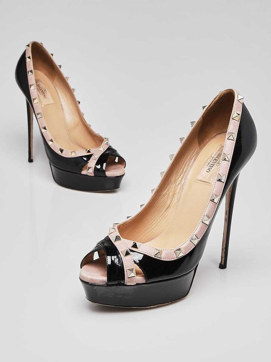 Valentino Black Patent Leather Rockstud Peep-Toe Platform Pumps Size