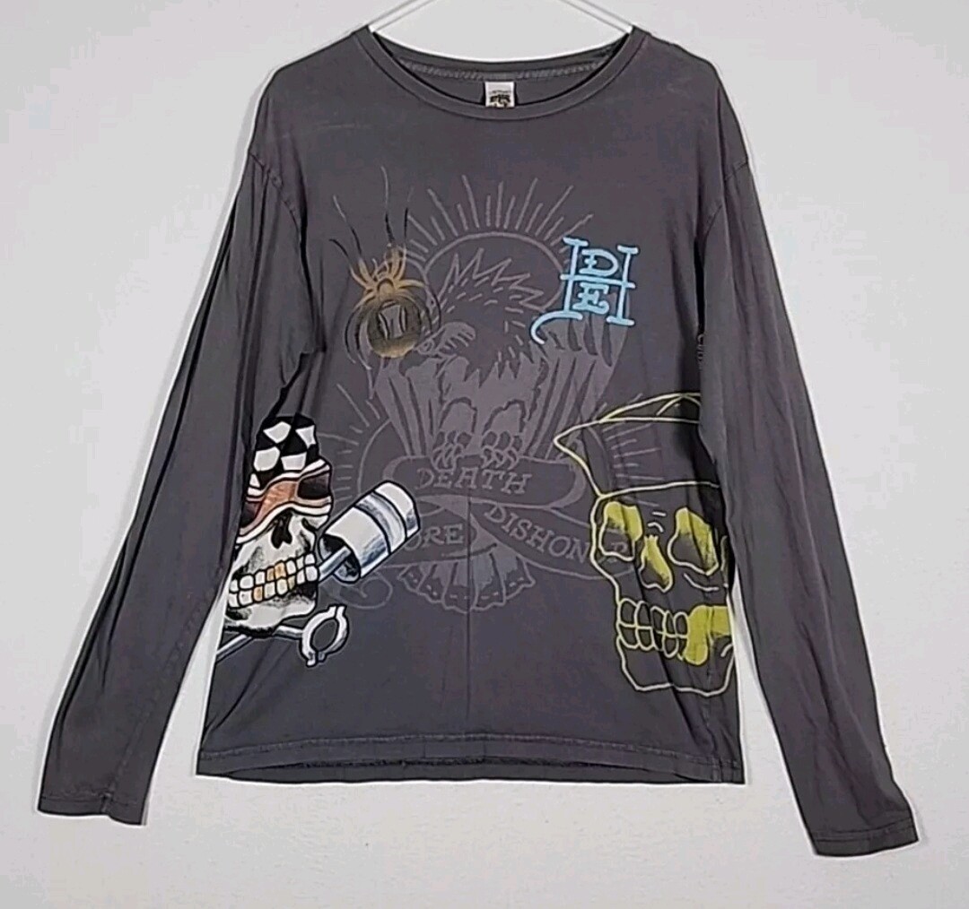 Don Ed Hardy By Christian Audigier Long Sleeve Skulls Shirt Men’s Size L Large