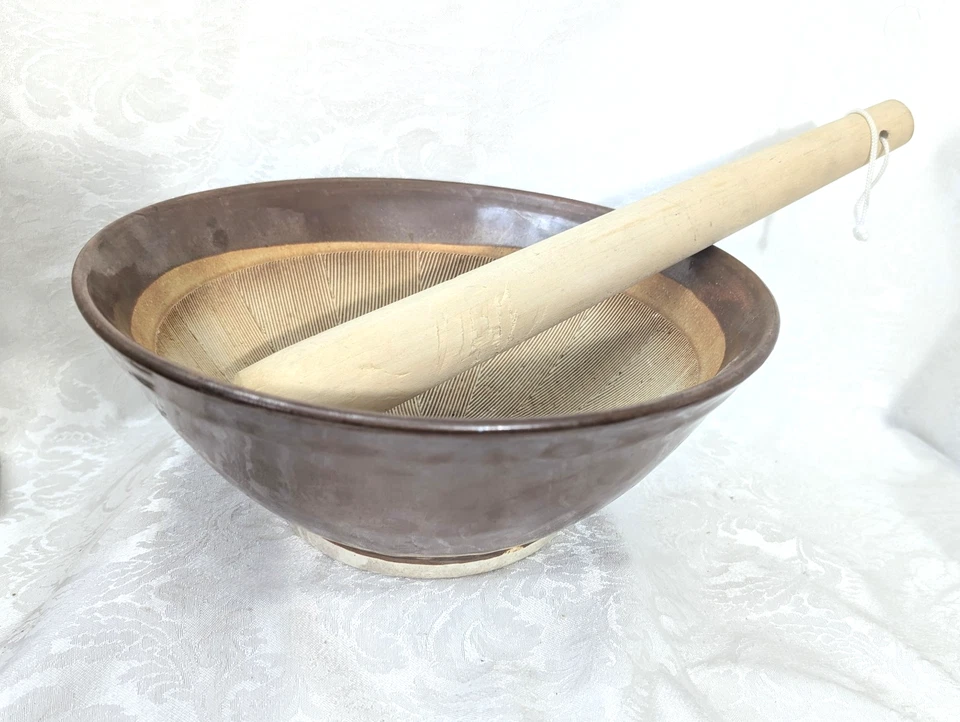 Larrge Suribachi 砂浆碗带木制杵日本 11 英寸 — 第 3/4 张图片