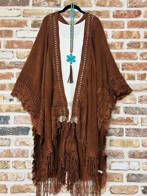 Plus Size Boho Hippie Kimono Tassel Brown Cardigan Duster Kimono Ruana OS S-4x