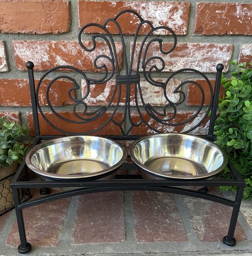 Black Wrought Iron Elevated Pet Feeder W/Silver Bowl Set; Ornate Scroll Design